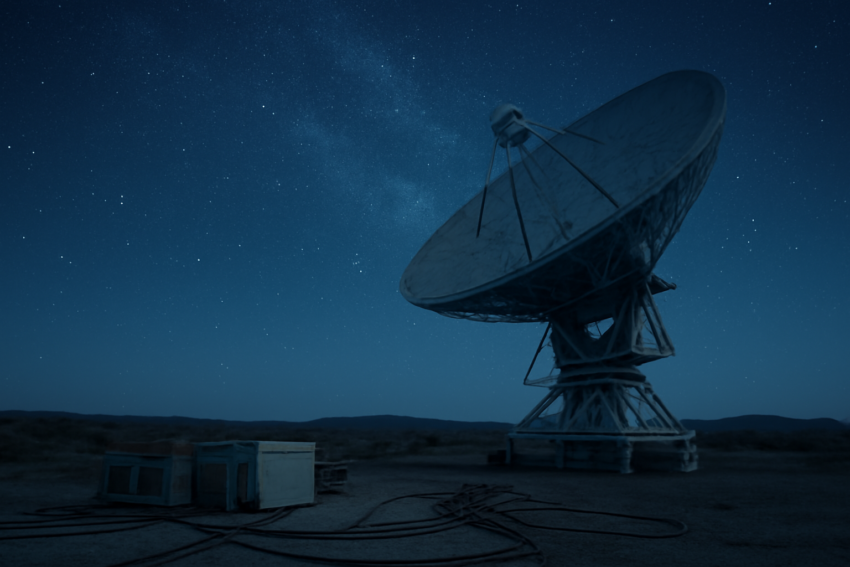 Teleskop radio di lokasi terpencil saat malam berbintang, bagian dari jaringan observatorium