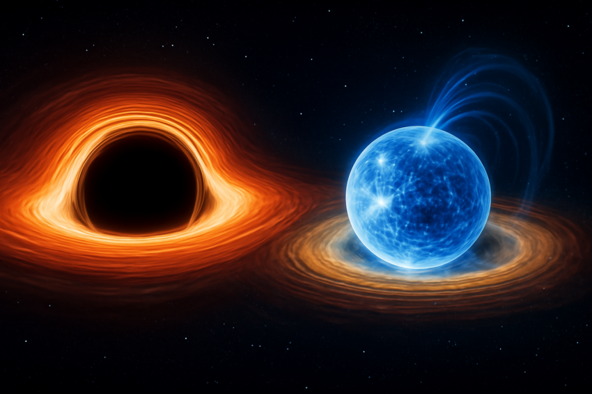 Ilustrasi perbandingan lubang hitam dan bintang neutron di ruang angkasa
